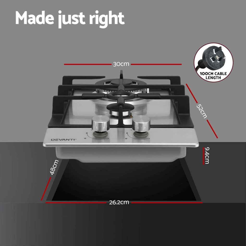 Devanti Gas Cooktop 30cm 2 Burner Silver