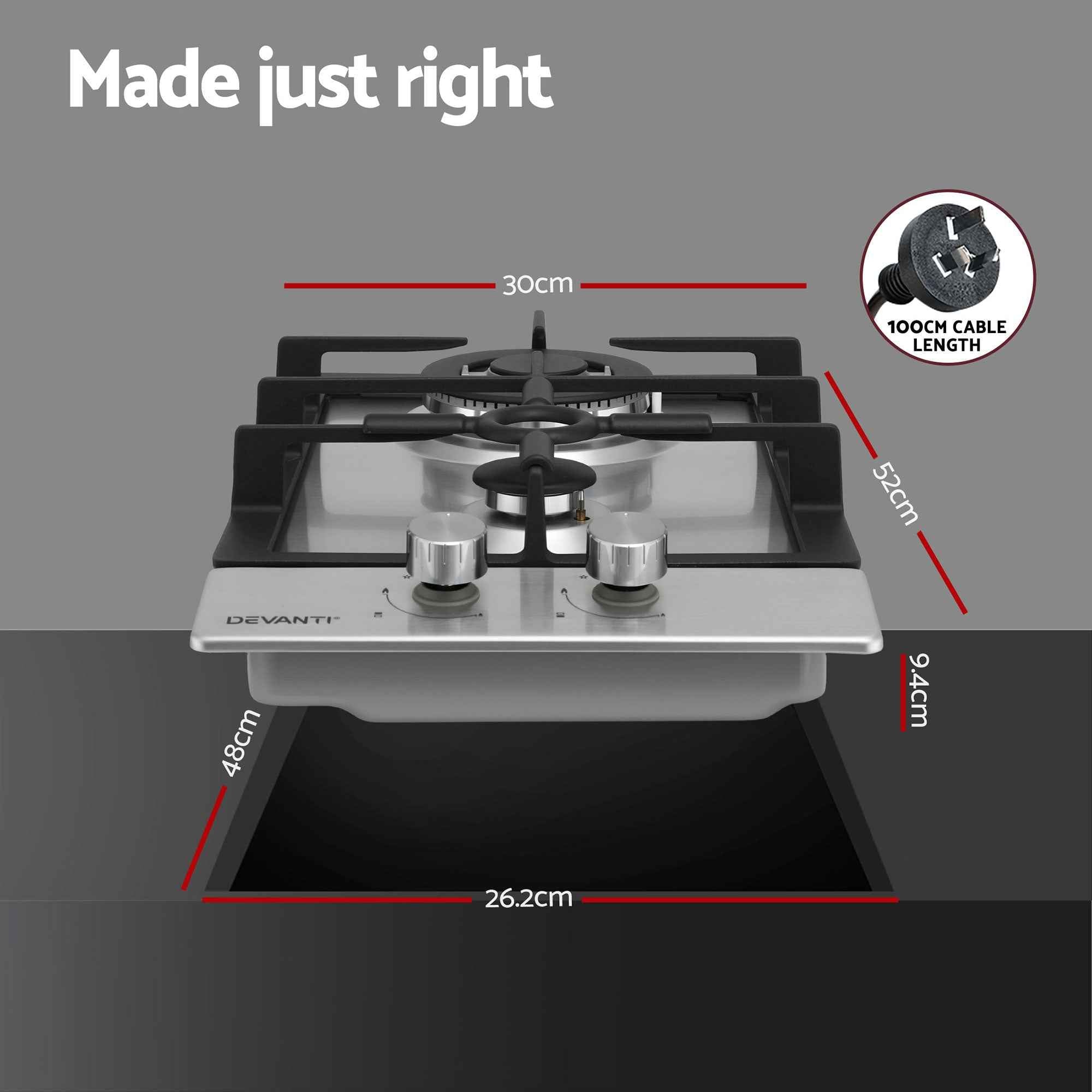 Devanti Gas Cooktop 30cm 2 Burner Silver