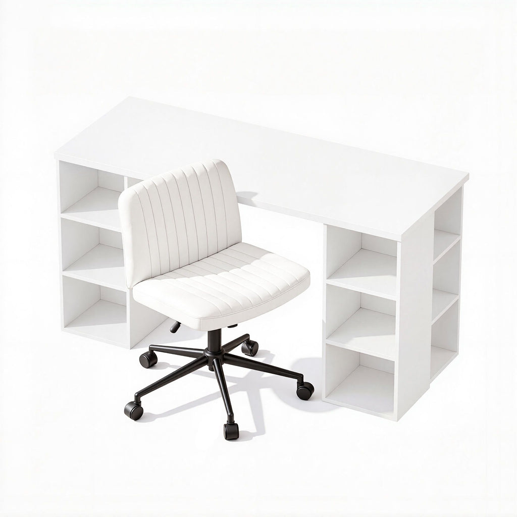 Artiss Office Desk & Chair Set 150cm Computer Desk with 6 Storage Shelves & Ergonomic Cross Legged Chair Armless Cross PU Leather Office Chair with Wheels