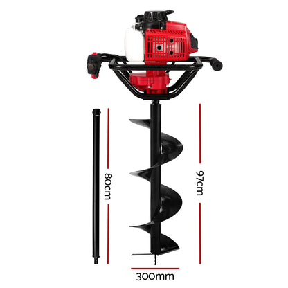 Giantz 92CC Post Hole Digger 300mm Petrol Drill Extension Auger Bits