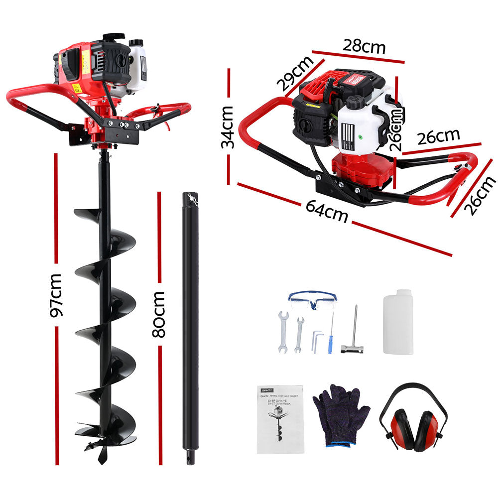 Giantz 65CC - Perforadora de postes con brocas de extensión de 200 mm para taladro a gasolina