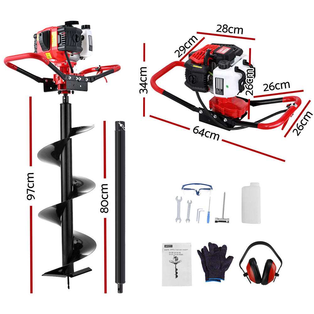 Taladro a gasolina Giantz 65CC para perforar postes, 300 mm, con brocas de extensión