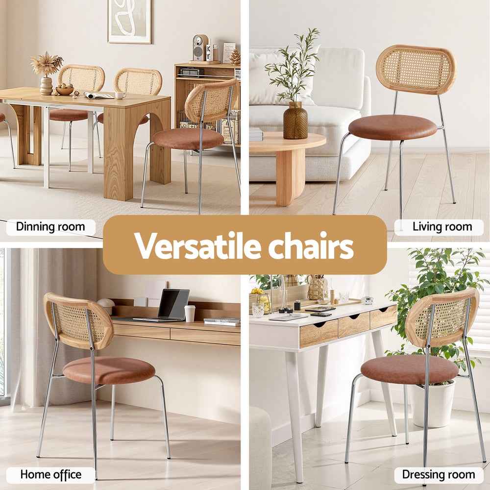 Artiss 2x Dining Chairs PU Leather Rattan Kitchen Lounge Cafe Accent Chair Brown