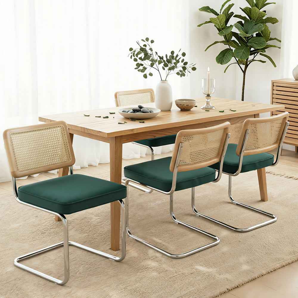Artiss Dining Chairs Set of 4 Velvet Rattan Cantilever Green