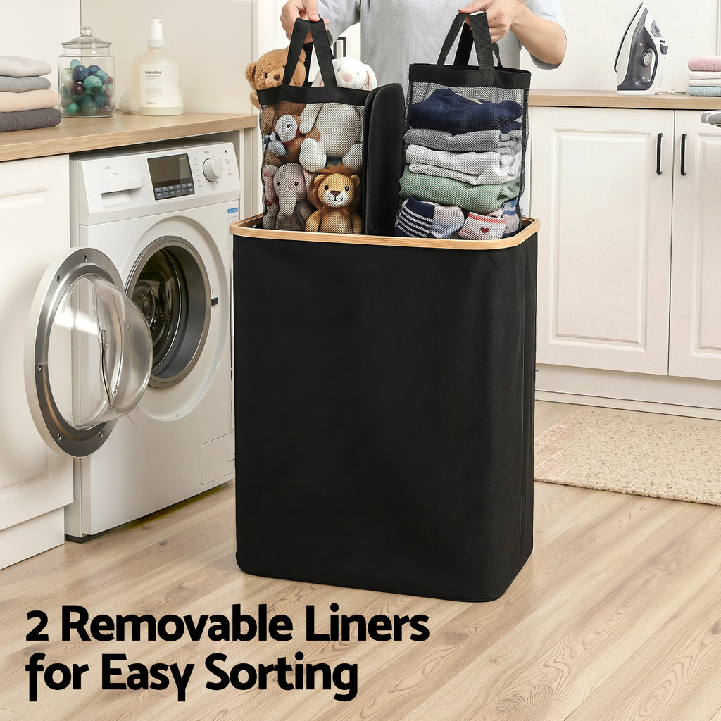 Artiss 2 Sections Laundry Basket with Removable Bags Foldable Black