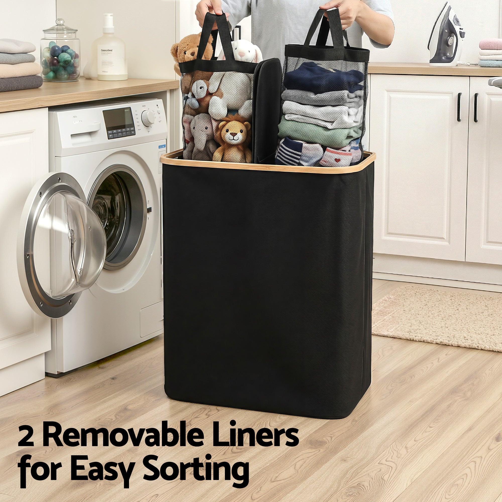 Artiss 2 Sections Laundry Basket with Removable Bags Foldable Black