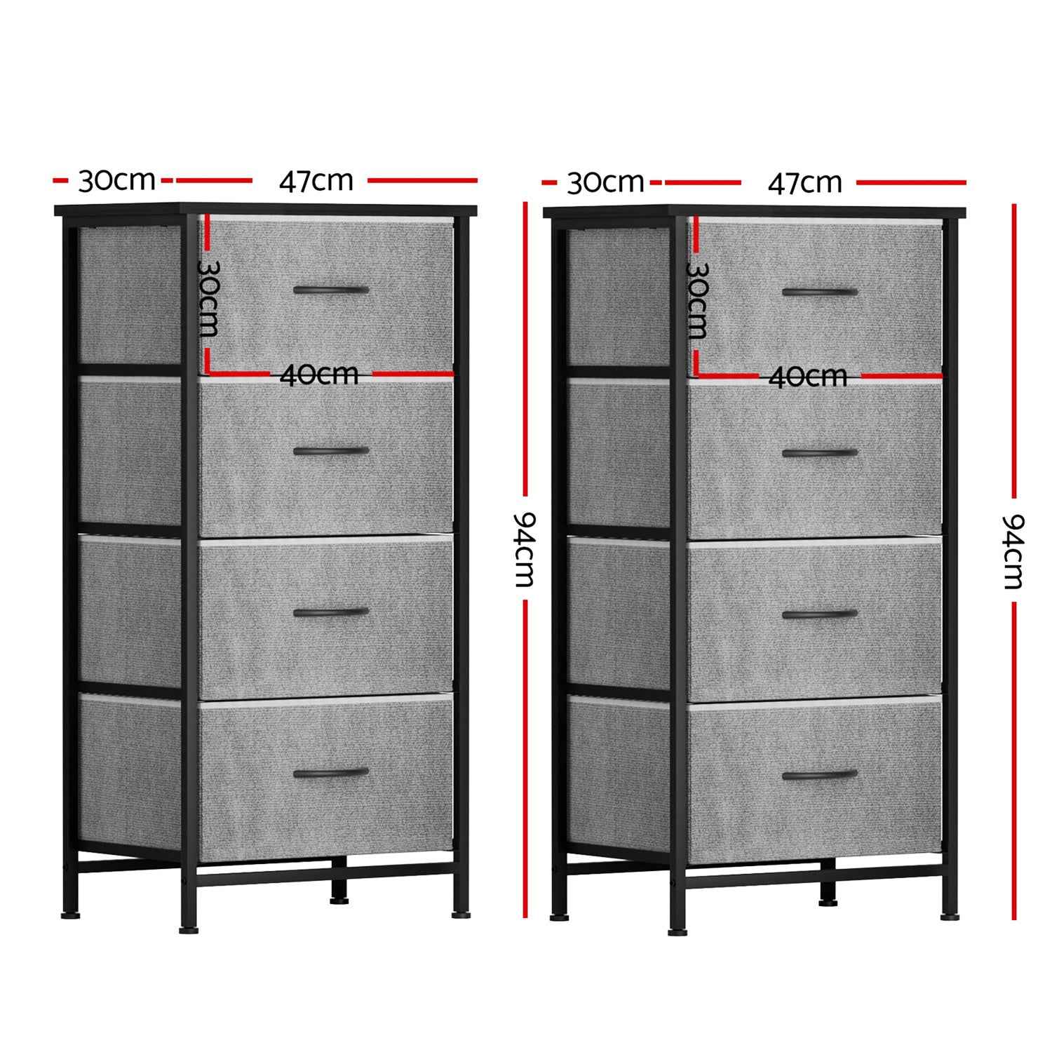 Artiss Set of 2 Chest of 4 Drawers Storage Dresser Tallboy Grey