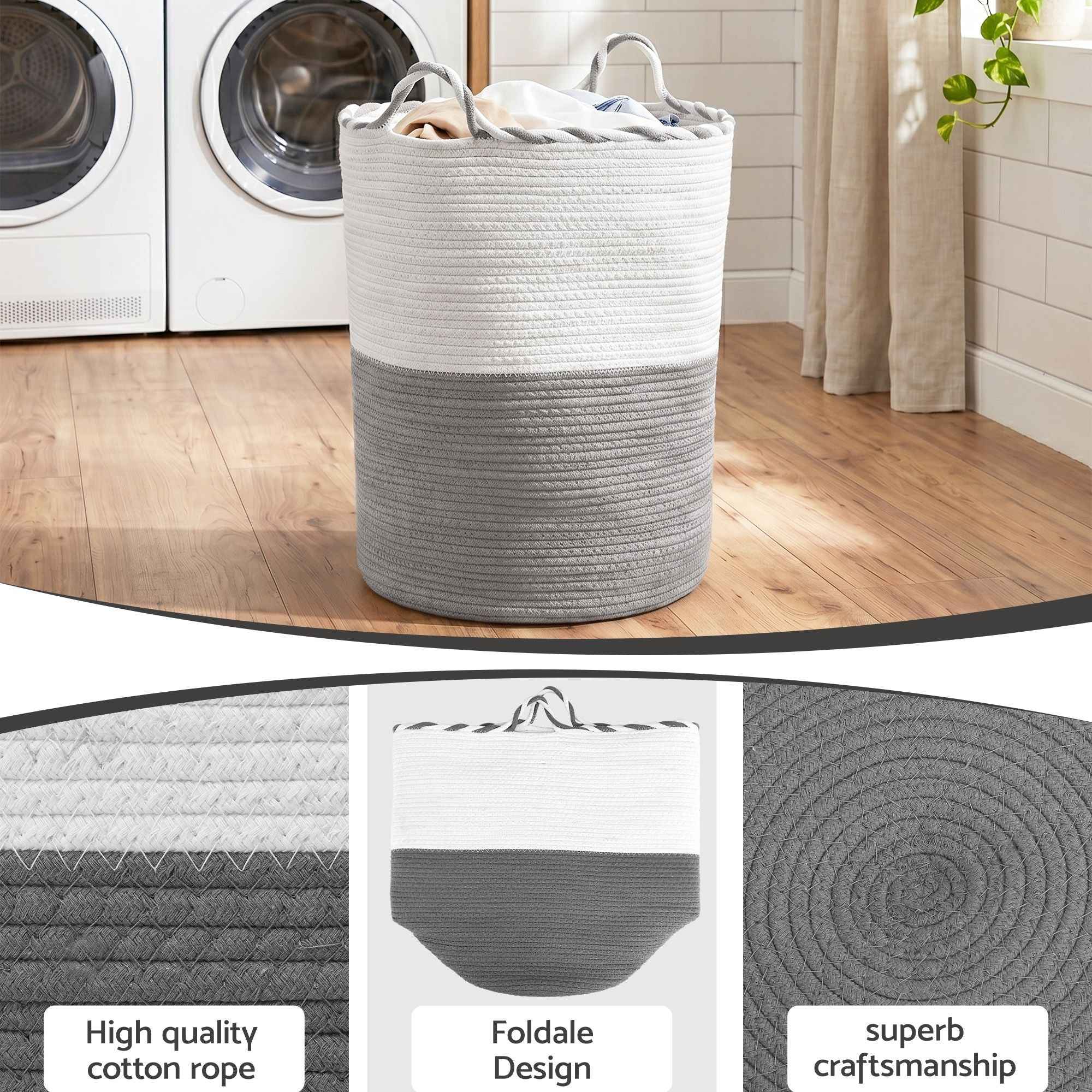 Artiss Woven Laundry Basket with handles Foldable White & Grey