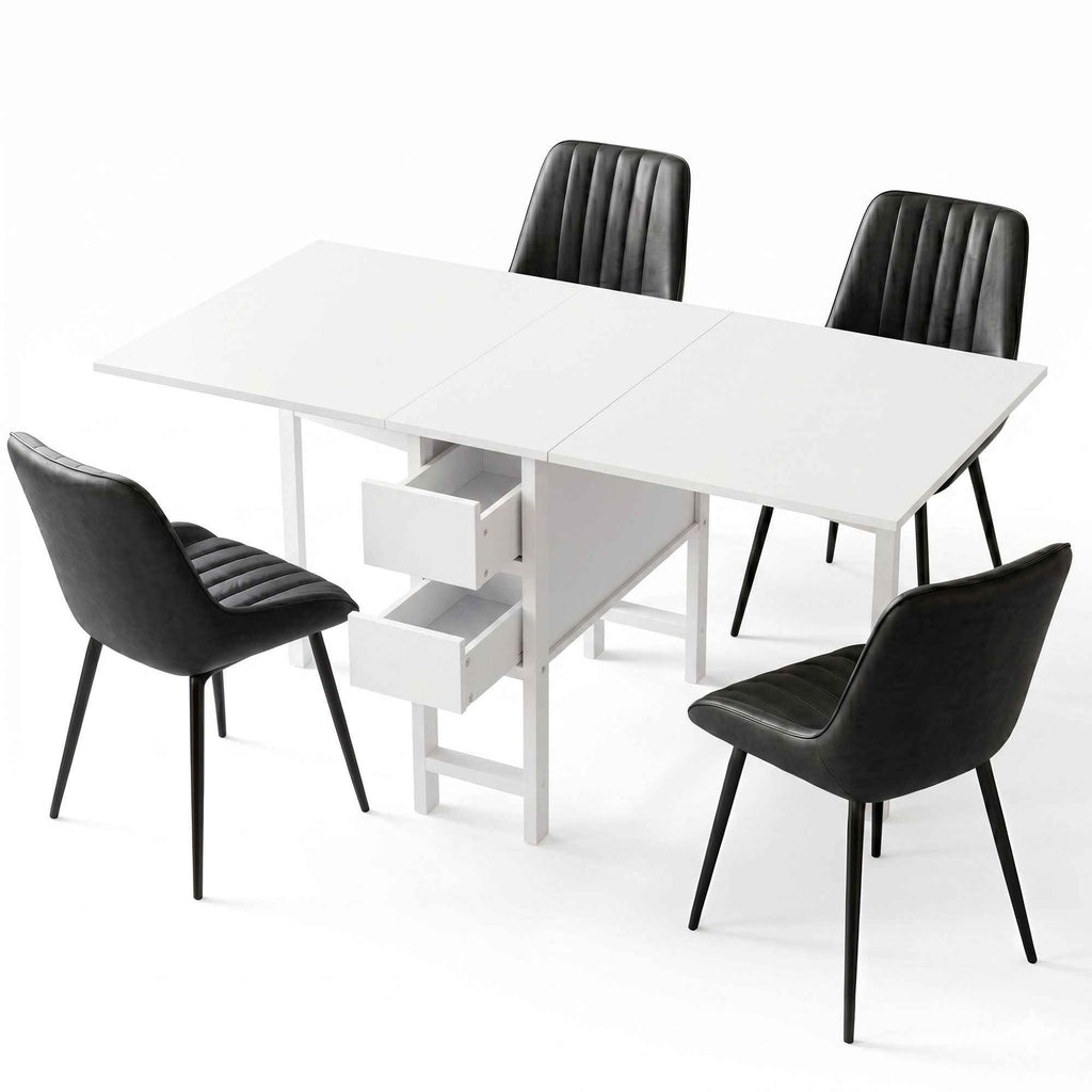 Artiss Dining Table and Chairs Set 5pcs Foldable Kitchen Furniture with 2 Drawers Black and White