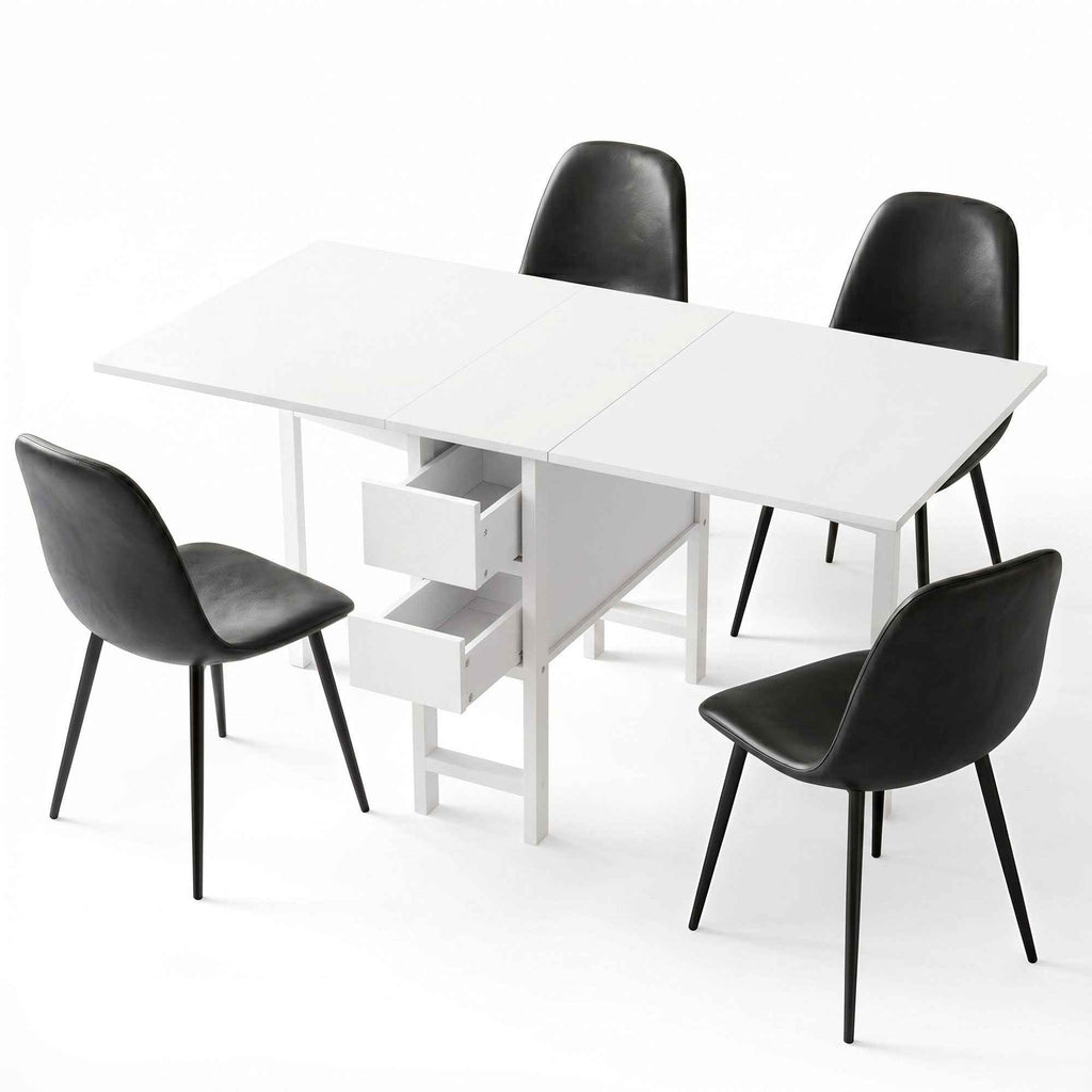 Artiss Dining Table and Chairs Set 5pcs Foldable with 2 Drawers Black and White