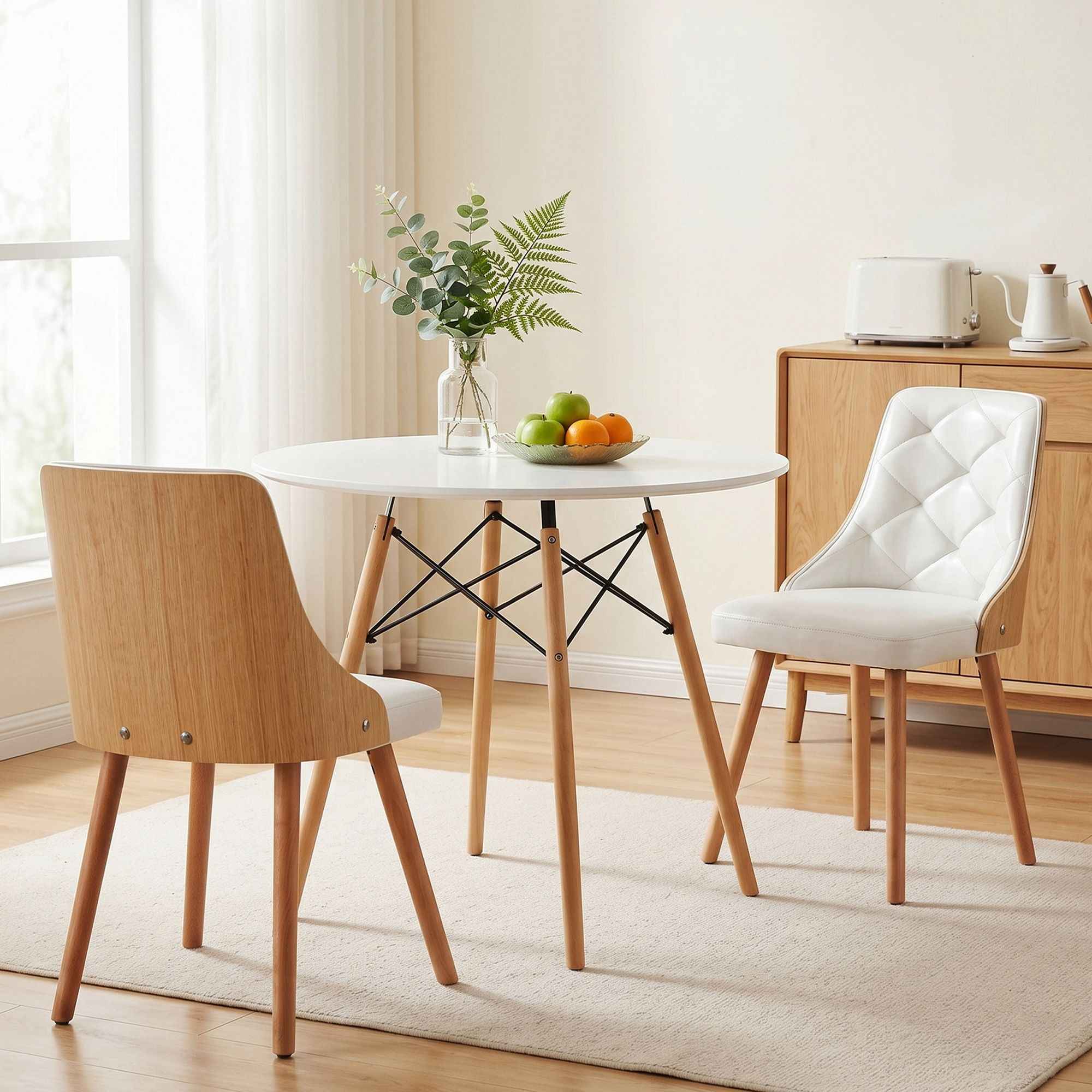 Artiss Dining Table and Chairs Set 3PCS 90cm 2 Seater Round Dining Set for Kitchen, Apartment, Dining Room White