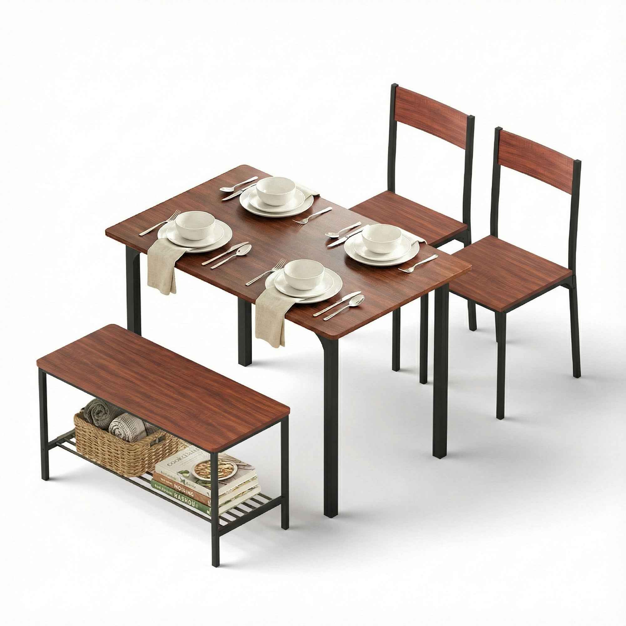 Artiss Dining Table and Chairs Set of 4 Storage Bench Kitchen Furniture Walnut