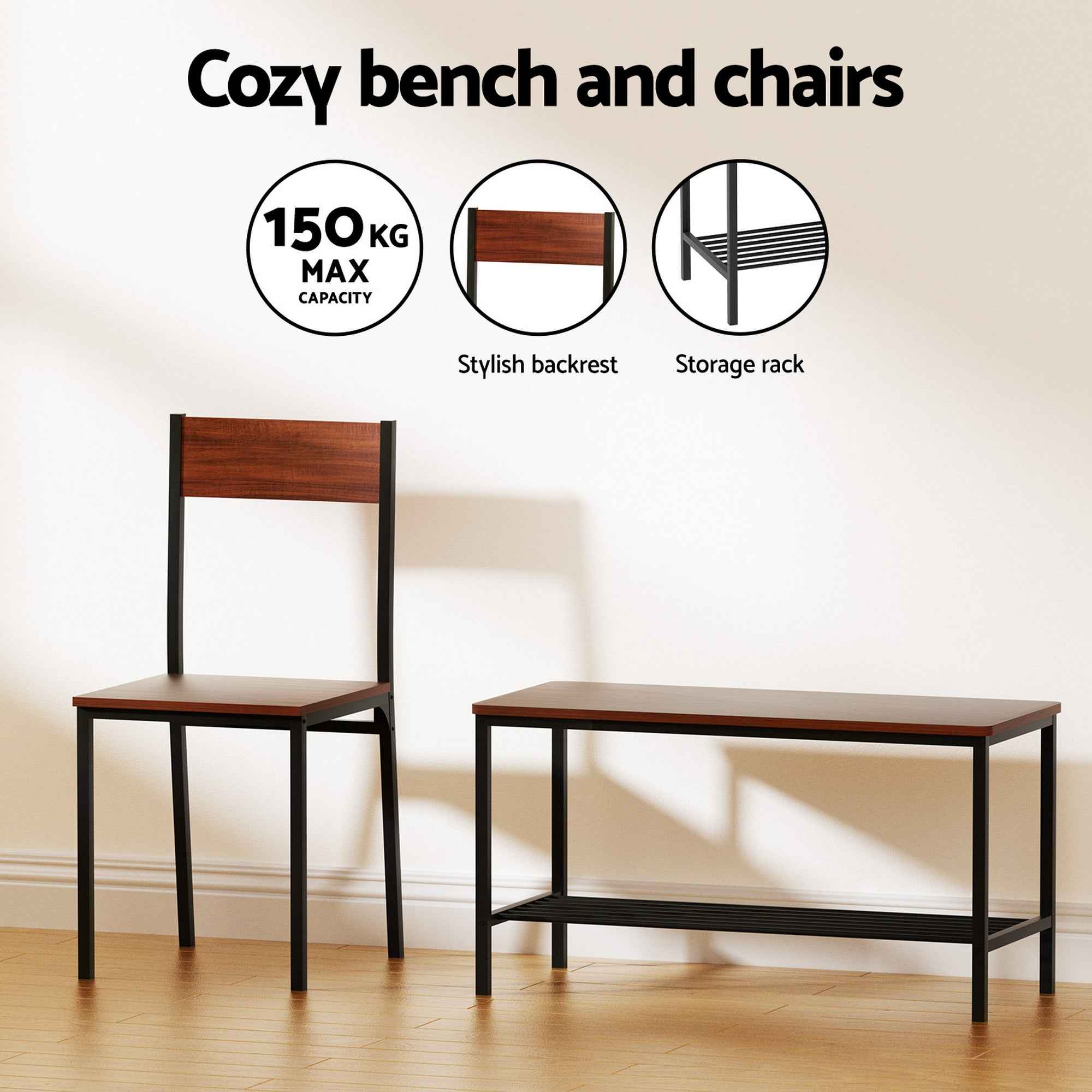Artiss Dining Table and Chairs Set of 4 Storage Bench Kitchen Furniture Walnut