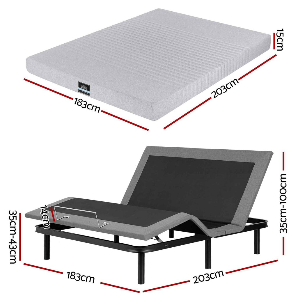 Artiss King Bed Frame and Giselle Bedding King Memory Foam Mattress Set, Electric Bed Base with Zero Gravity & 7 Zone Cooling Comfort for Back Pain Relief, Black & Grey, 15cm Thickness