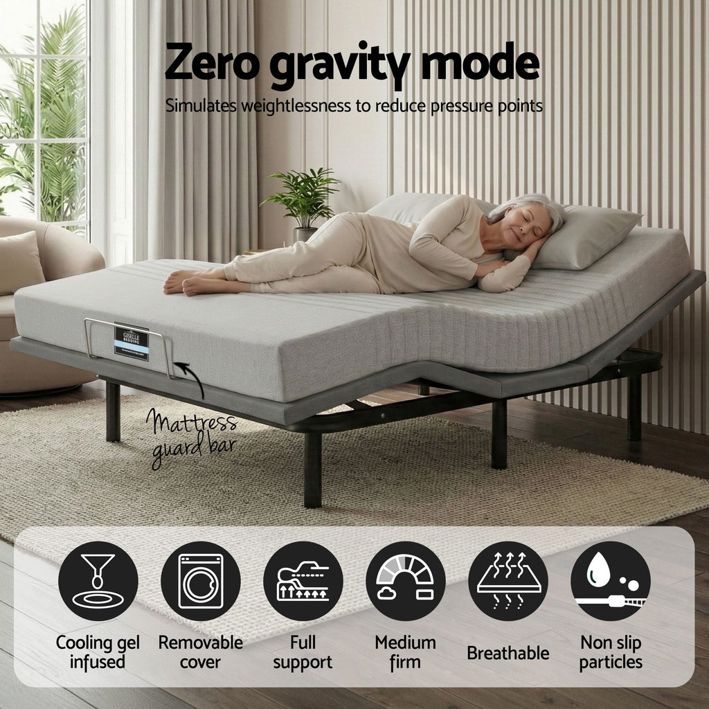 Artiss King Bed Frame and Giselle Bedding King Memory Foam Mattress Set, Electric Bed Base with Zero Gravity & 7 Zone Cooling Comfort for Back Pain Relief, Black & Grey, 15cm Thickness