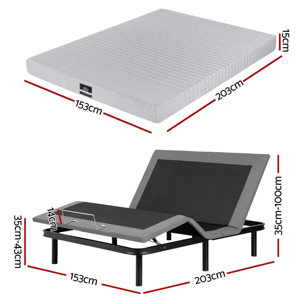 Artiss Queen Bed Frame and Giselle Bedding Queen Memory Foam Mattress Set, Electric Bed Base with Zero Gravity & 7 Zone Cooling Comfort for Back Pain Relief, Black & Grey, 15cm Thickness