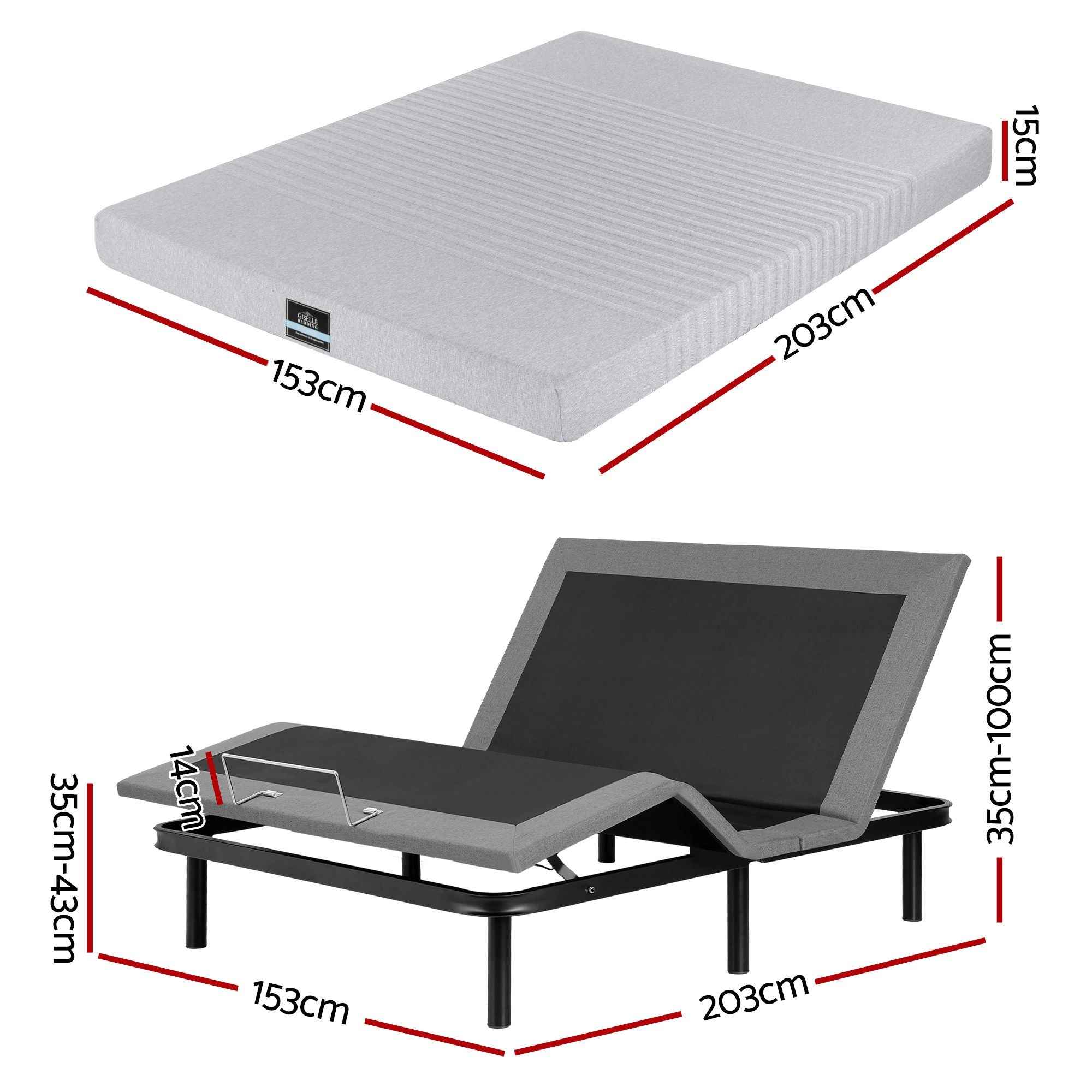 Artiss Queen Bed Frame and Giselle Bedding Queen Memory Foam Mattress Set, Electric Bed Base with Zero Gravity & 7 Zone Cooling Comfort for Back Pain Relief, Black & Grey, 15cm Thickness
