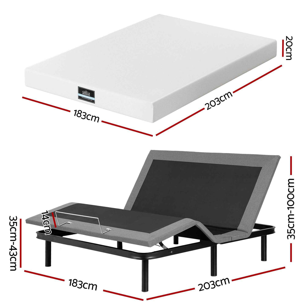 Artiss King size bed frame & Giselle Bedding King Mattress Combo, adjustable bed Base for Snoring Relief, Independent Head Foot Incline, Wireless Remote, Black,20cm Thickness