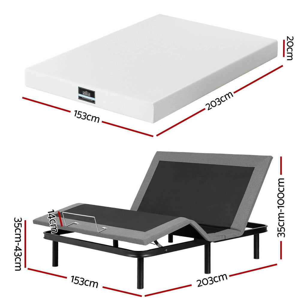 Artiss Queen size bed frame & Giselle Bedding Mattress Queen Combo, adjustable bed Base for Snoring Relief, Independent Head Foot Incline, Wireless Remote, Black,20cm Thickness