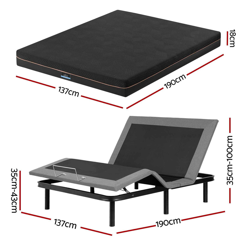 Artiss Double size bed frame with Giselle Bedding Double Mattress, adjustable bed Base Combo for Snoring Relief, Independent Head Foot Incline, Wireless Remote, Black,18cm Thickness