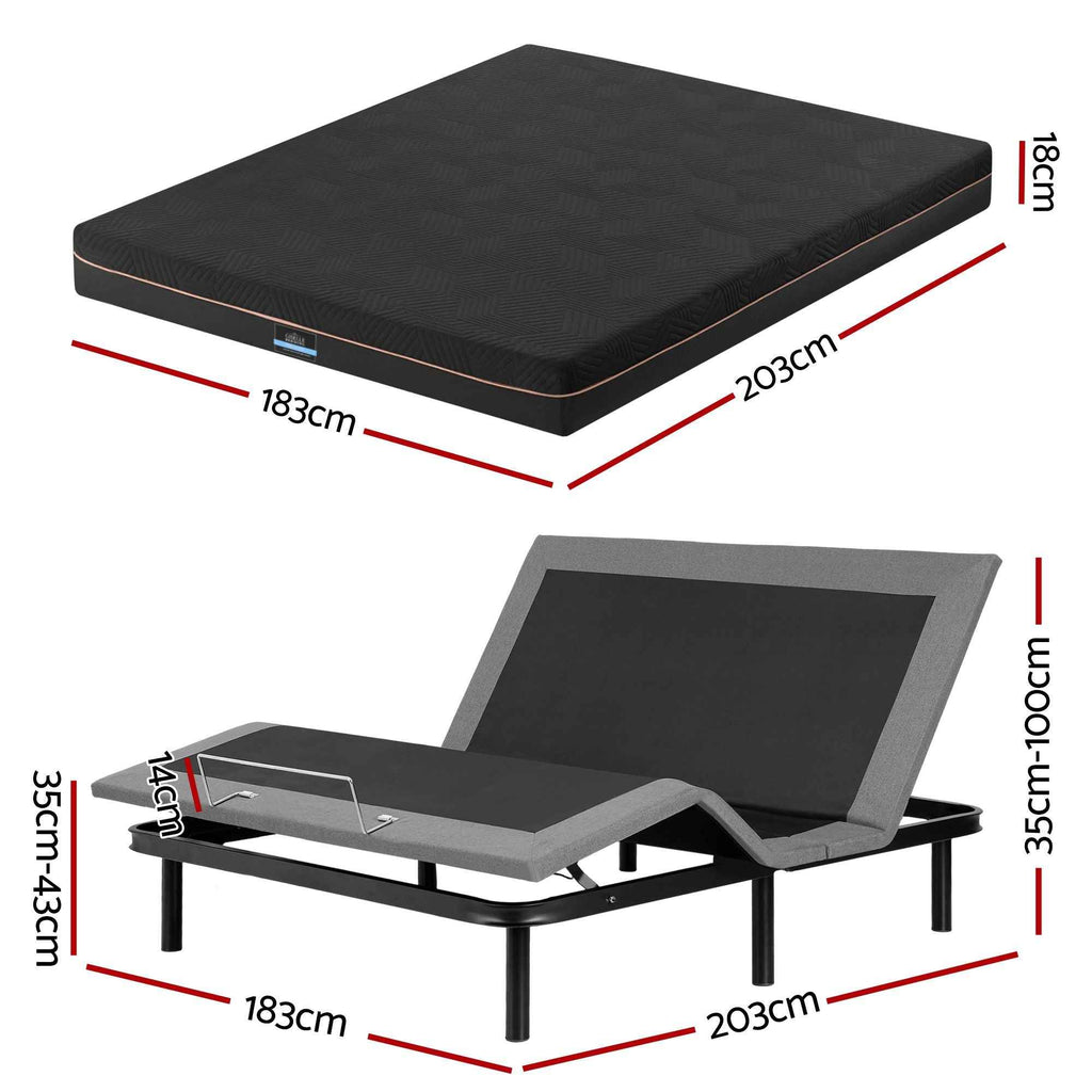 Artiss King size bed frame with Giselle Bedding King Mattress, adjustable bed Base Combo for Snoring Relief, Independent Head Foot Incline, Wireless Remote, Black,18cm Thickness