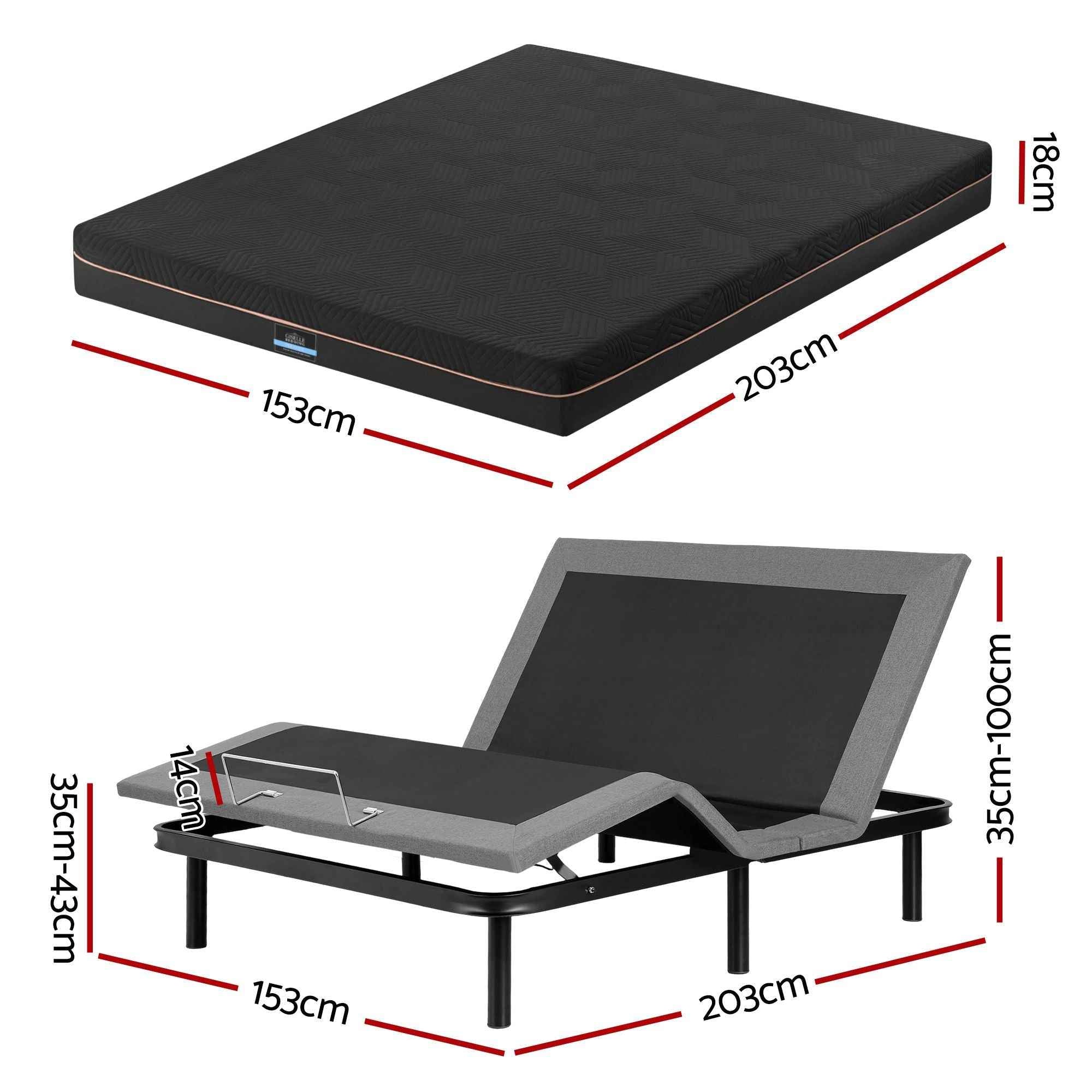 Artiss Queen size bed frame with Giselle Bedding Queen Mattress, adjustable bed Base Combo for Snoring Relief, Independent Head Foot Incline, Wireless Remote, Black,18cm Thickness