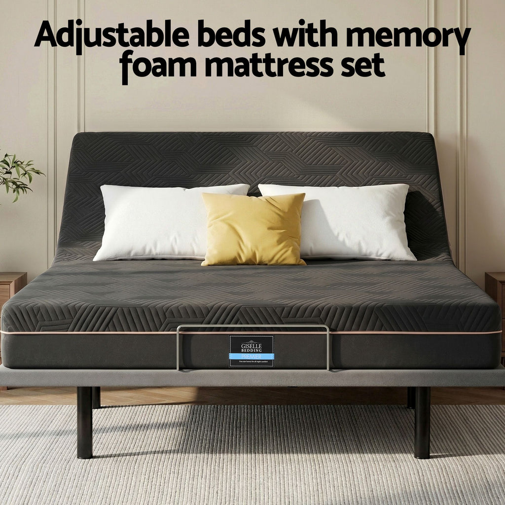 Artiss Queen size bed frame with Giselle Bedding Queen Mattress, adjustable bed Base Combo for Snoring Relief, Independent Head Foot Incline, Wireless Remote, Black,18cm Thickness
