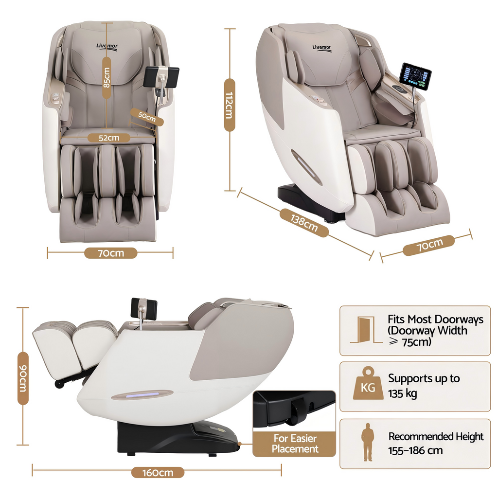 Livemor Elite 4D Massage Chair Recliner, SL Track Zero Gravity & Heat Auto Body Scan, 12 Auto Programs, 3 Zero-G Positions, Foot Rollers, Airbag Compression, Bluetooth Speaker, Wireless Charging