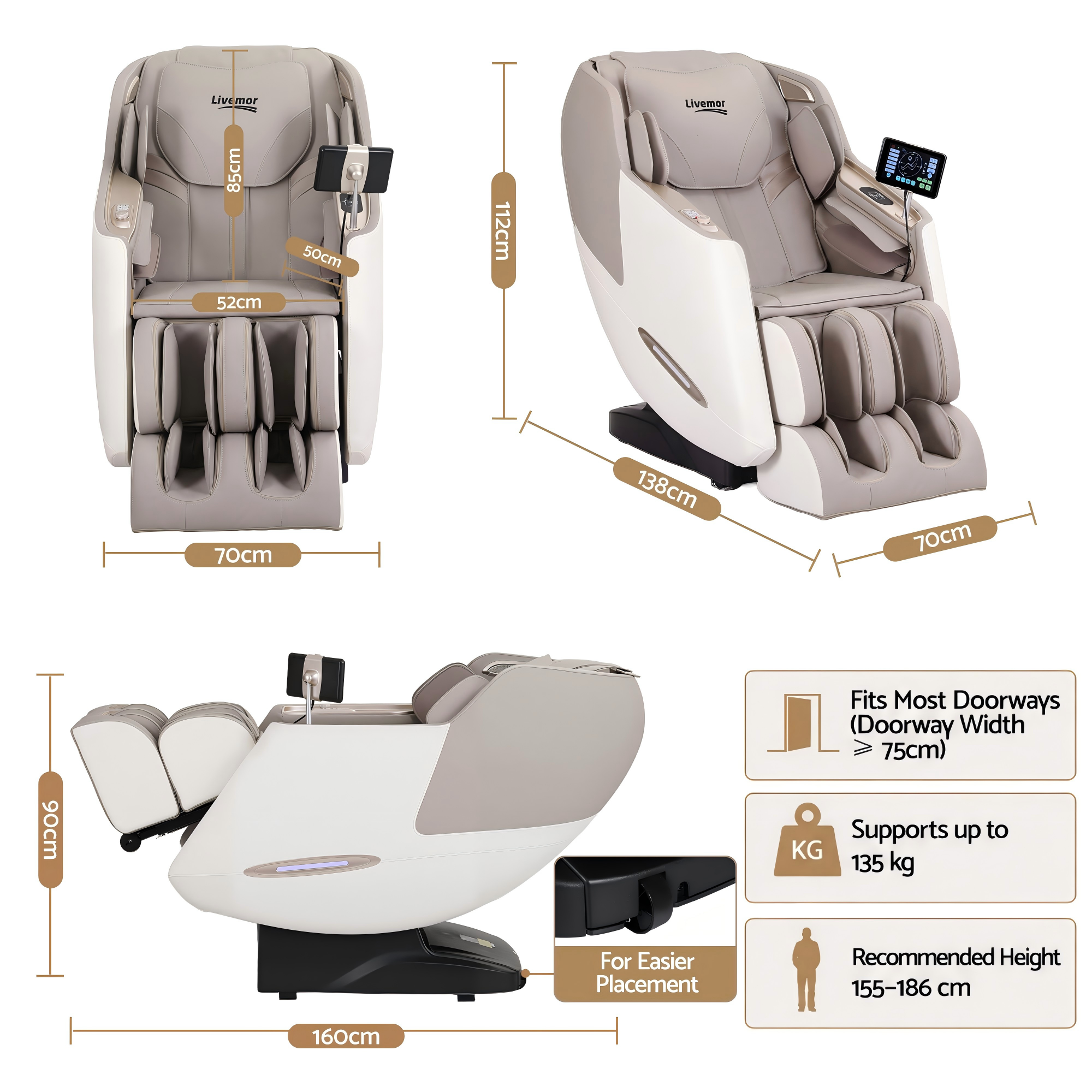 Livemor Elite 4D Massage Chair Recliner, SL Track Zero Gravity & Heat Auto Body Scan, 12 Auto Programs, 3 Zero-G Positions, Foot Rollers, Airbag Compression, Bluetooth Speaker, Wireless Charging