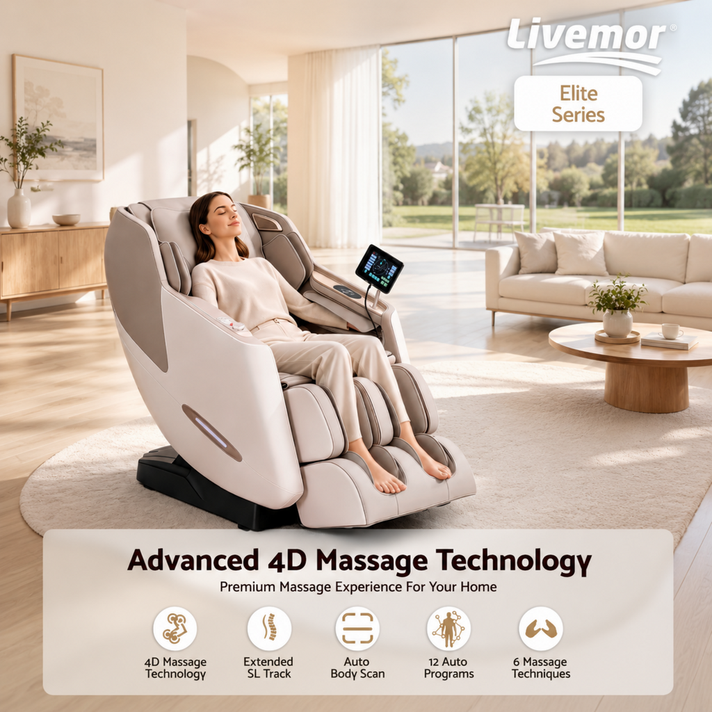 Livemor Elite 4D Massage Chair Recliner, SL Track Zero Gravity & Heat Auto Body Scan, 12 Auto Programs, 3 Zero-G Positions, Foot Rollers, Airbag Compression, Bluetooth Speaker, Wireless Charging