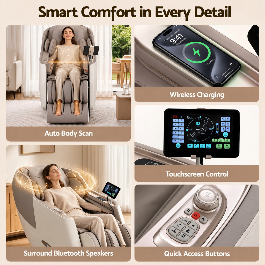 Livemor Elite 4D Massage Chair Recliner, SL Track Zero Gravity & Heat Auto Body Scan, 12 Auto Programs, 3 Zero-G Positions, Foot Rollers, Airbag Compression, Bluetooth Speaker, Wireless Charging
