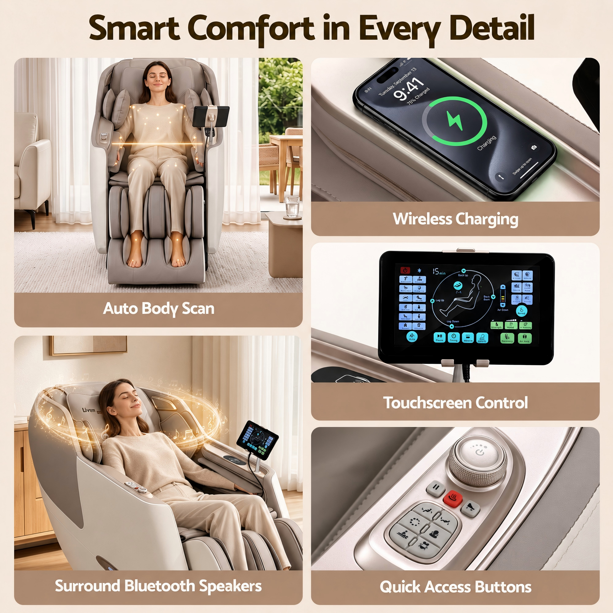 Livemor Elite 4D Massage Chair Recliner, SL Track Zero Gravity & Heat Auto Body Scan, 12 Auto Programs, 3 Zero-G Positions, Foot Rollers, Airbag Compression, Bluetooth Speaker, Wireless Charging