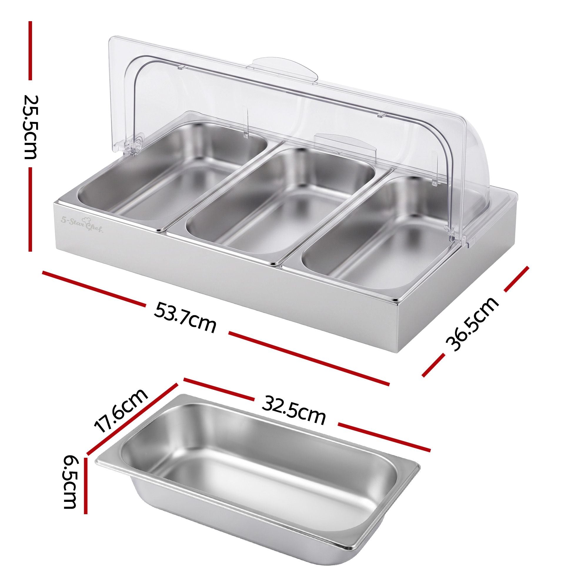 5-Star Chef 3 Pan Food Serving Display Stainless Steel with Clear Roll Top Cover