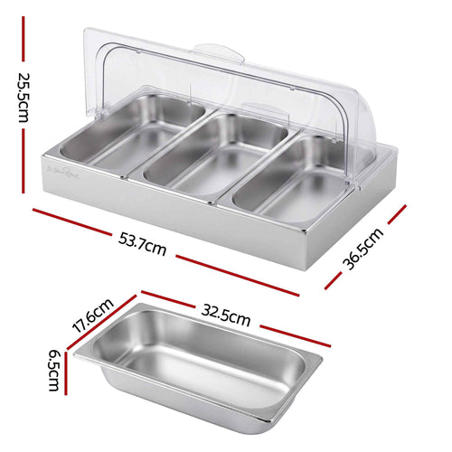 5-Star Chef 3 Pan Food Serving Display Stainless Steel with Clear Roll Top Cover