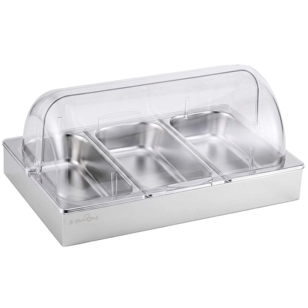 5-Star Chef 3 Pan Food Serving Display Stainless Steel with Clear Roll Top Cover