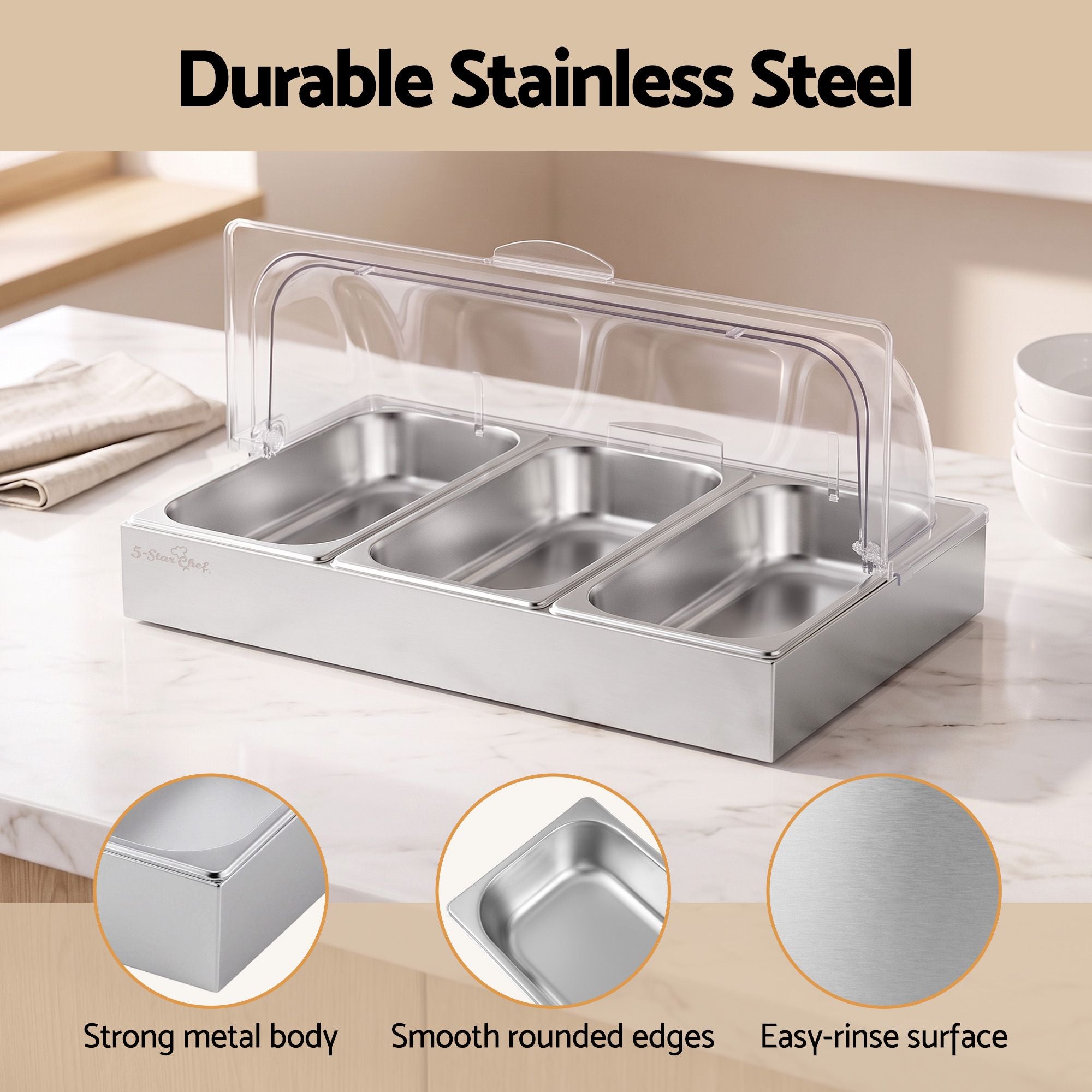 5-Star Chef 3 Pan Food Serving Display Stainless Steel with Clear Roll Top Cover