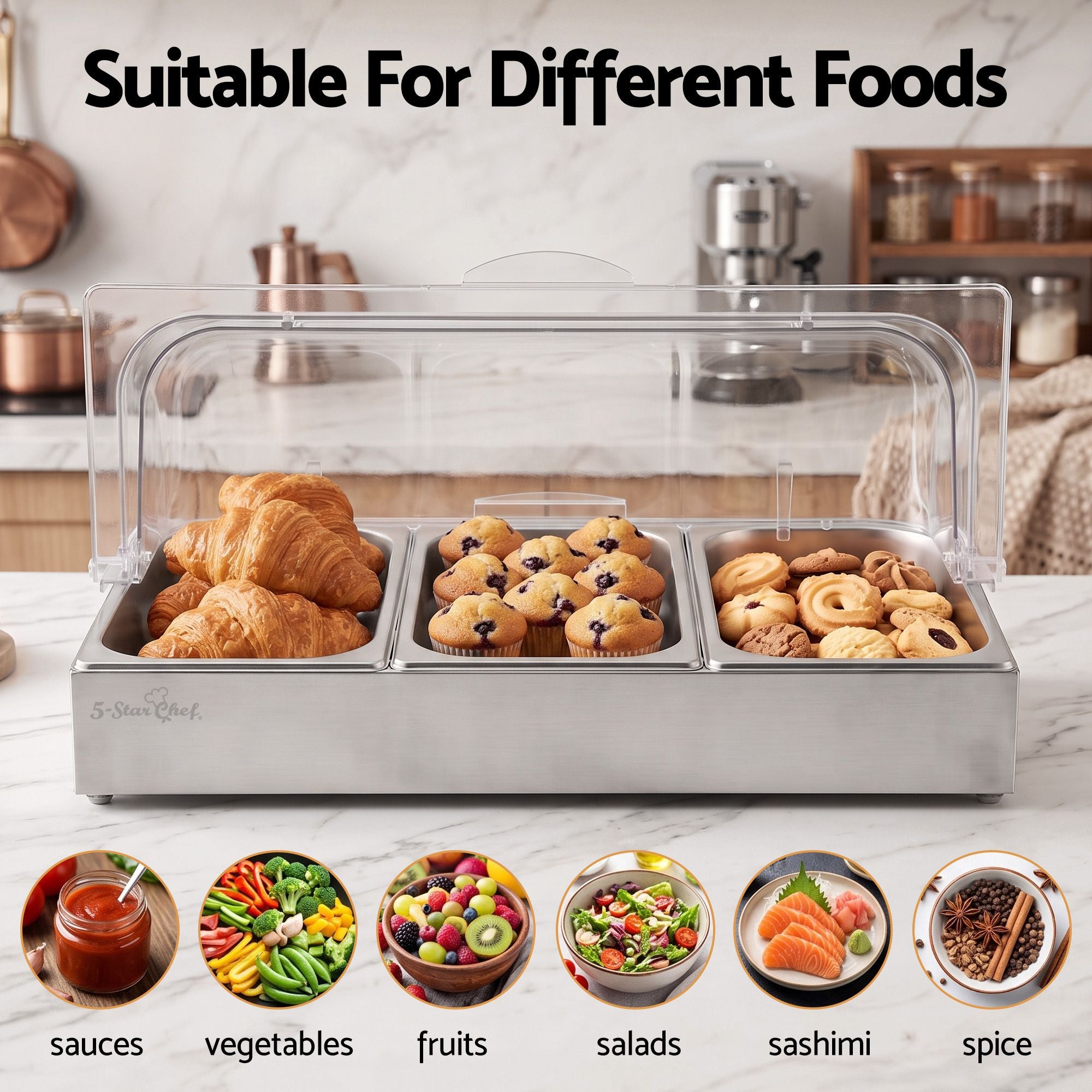 5-Star Chef 3 Pan Food Serving Display Stainless Steel with Clear Roll Top Cover