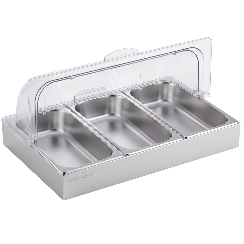 5-Star Chef 3 Pan Food Serving Display Stainless Steel with Clear Roll Top Cover