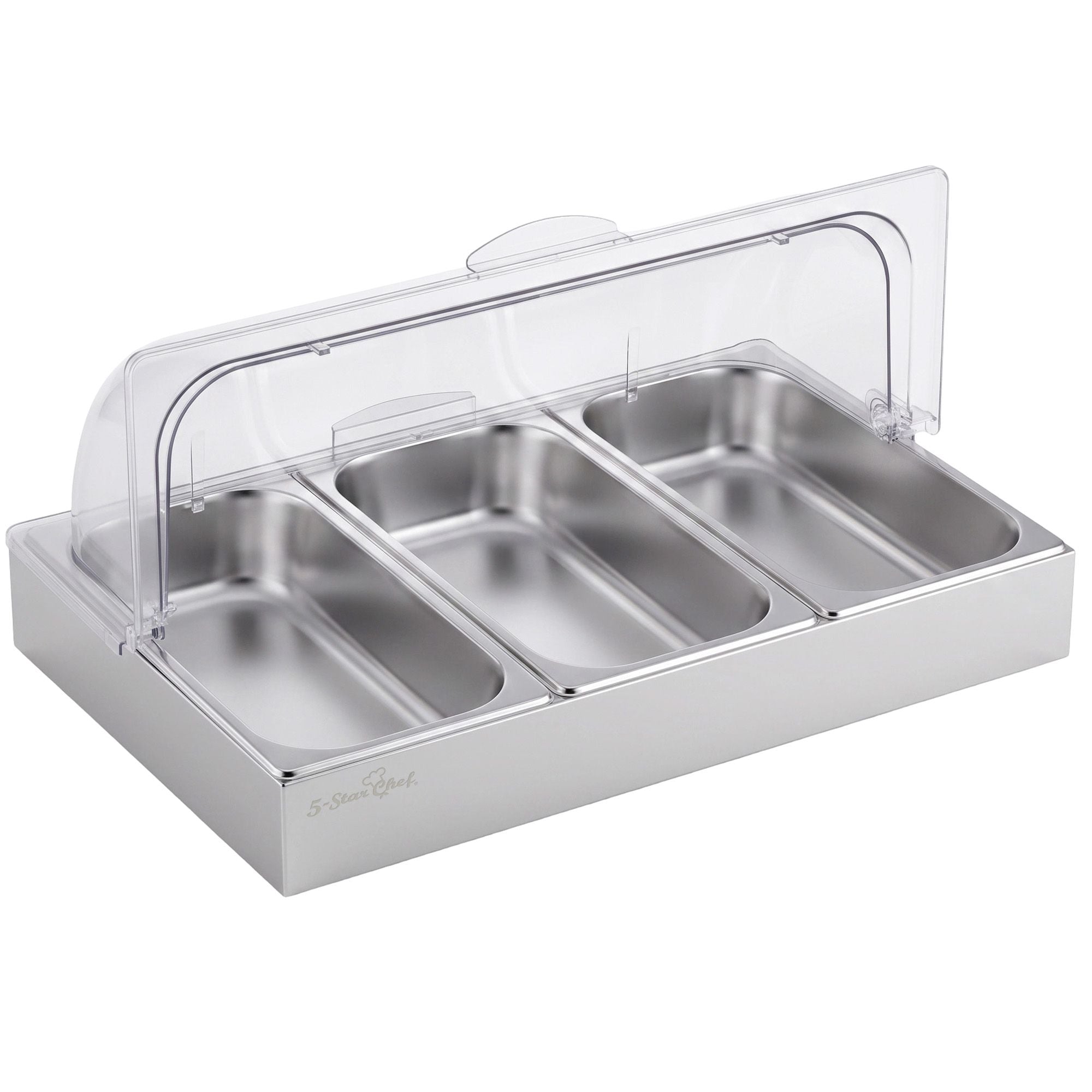 5-Star Chef 3 Pan Food Serving Display Stainless Steel with Clear Roll Top Cover