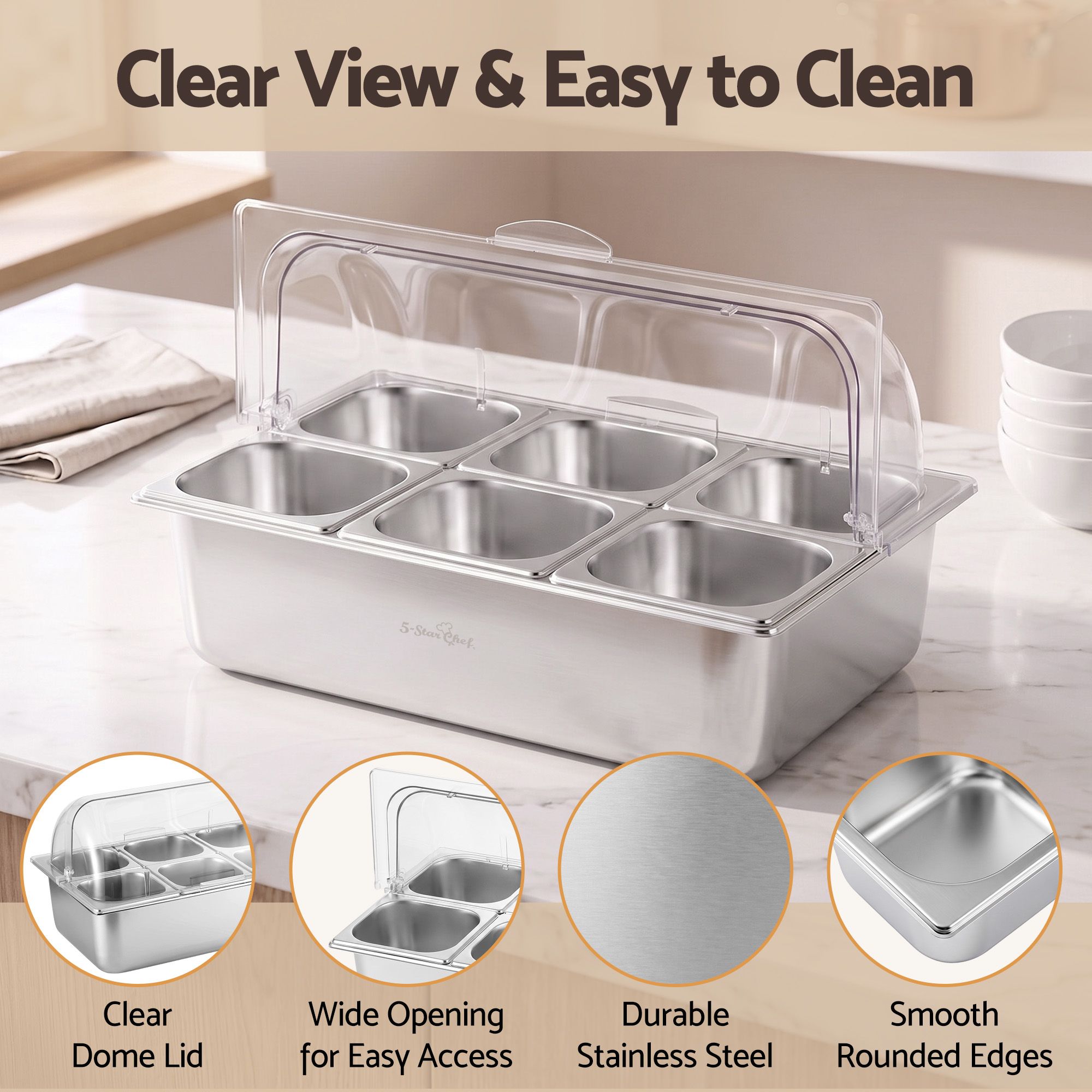 5-Star Chef 6 Pan Food Serving Display Stainless Steel Cooler Platter with Clear Roll Top Cover