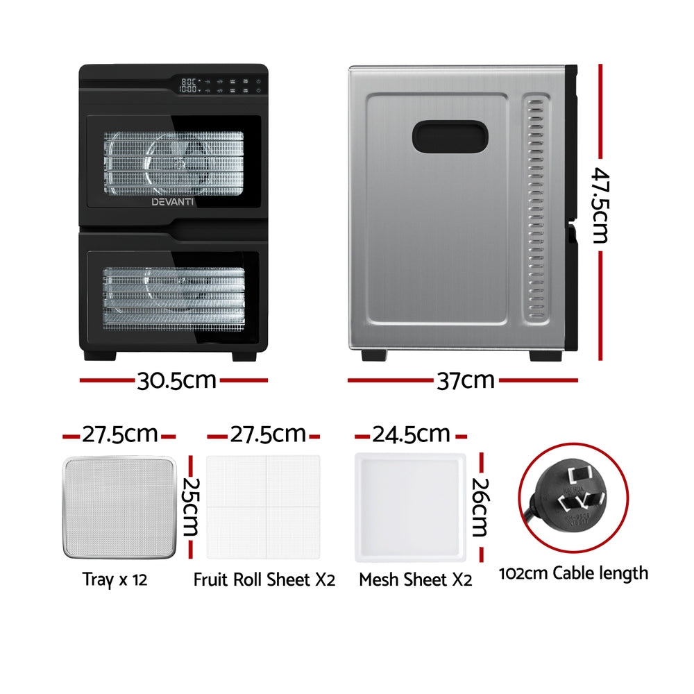 Devanti 12 Trays Food Dehydrator Dual-Zone Stainless Steel Fruit Jerky Dryer - YDS.com.au