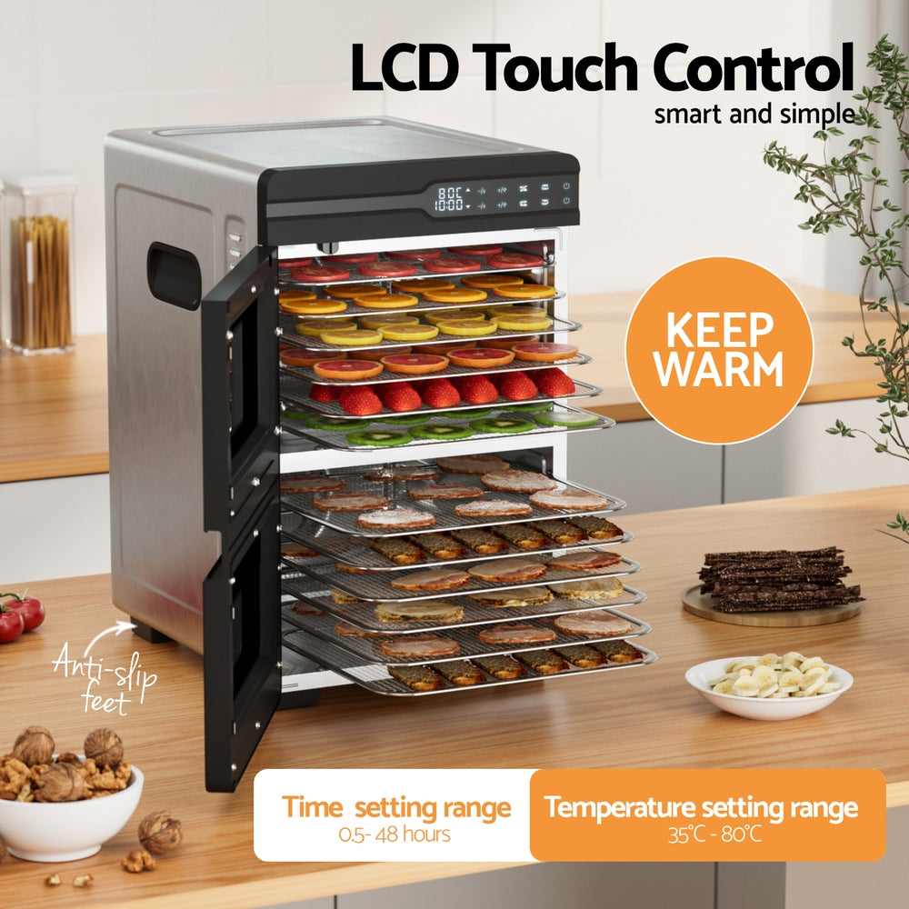 Devanti 12 Trays Food Dehydrator Dual-Zone Stainless Steel Fruit Jerky Dryer - YDS.com.au