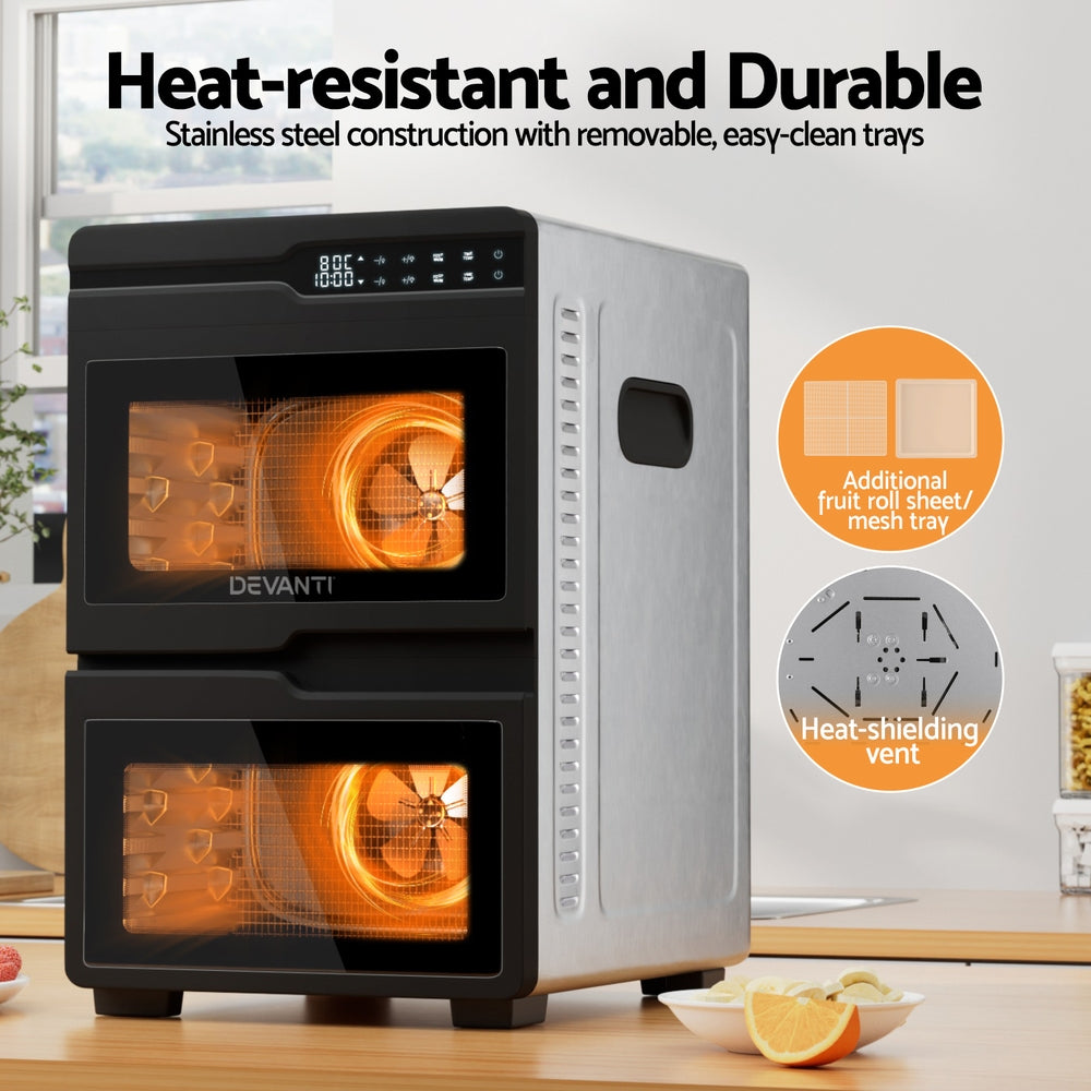 Devanti 12 Trays Food Dehydrator Dual-Zone Stainless Steel Fruit Jerky Dryer - YDS.com.au