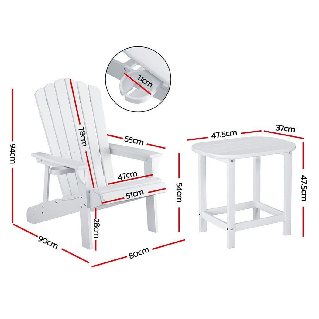 Gardeon Outdoor Table and Chairs HDPE Adirondack Beach Chair Sun Lounge Patio Furniture Garden White