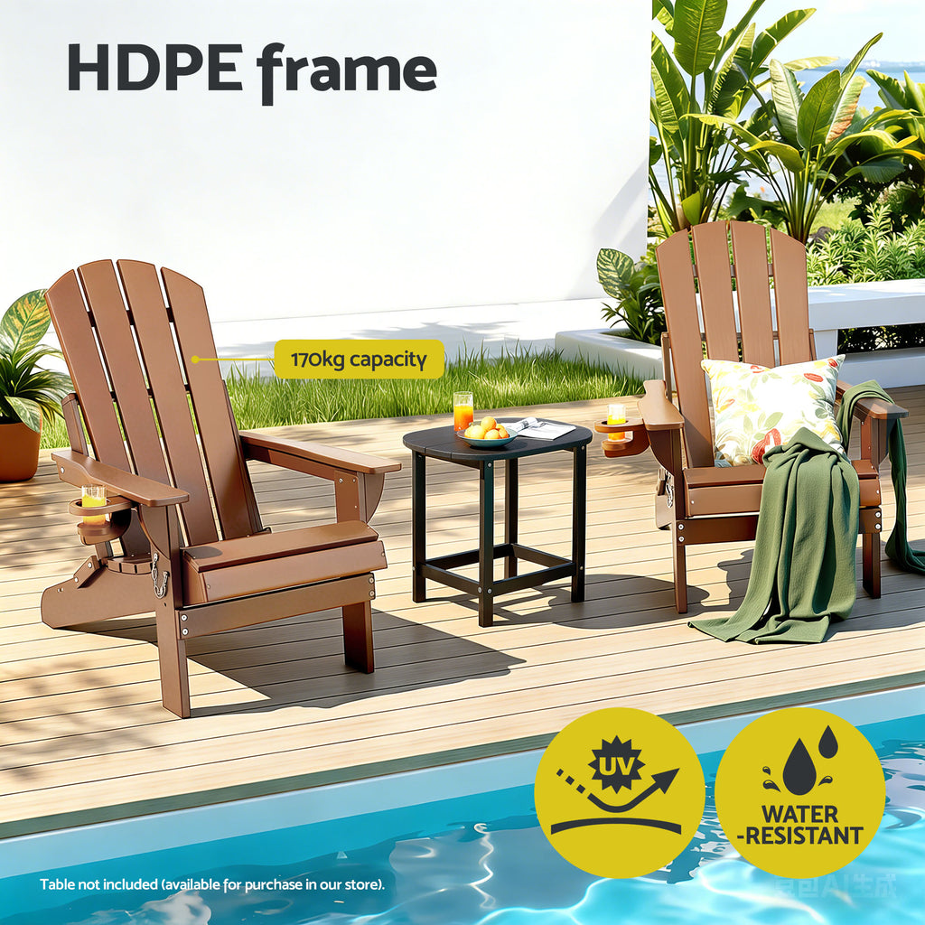 Gardeon Outdoor Chairs Folding Adirondack Beach Chair HDPE Sun Lounge Patio Furniture Garden Brown