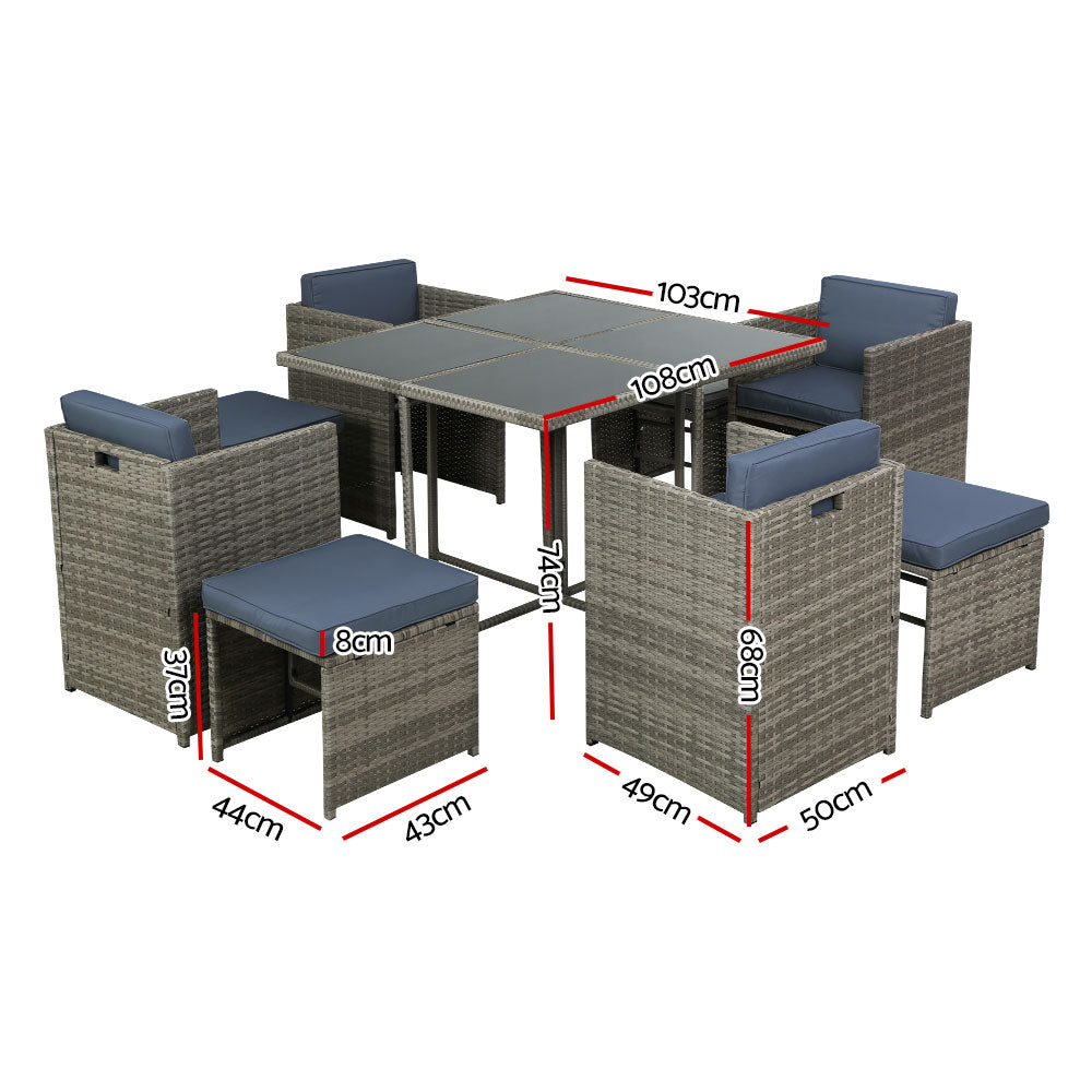 Juego de comedor para exteriores Gardeon de 9 piezas, mesa y sillas de mimbre, color gris