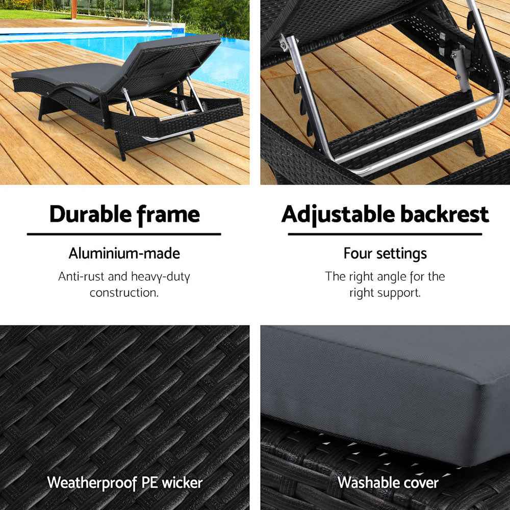 Gardeon 2PC Sun Lounge Wicker Lounger Outdoor Furniture Beach Chair Patio Adjustable Cushion Black