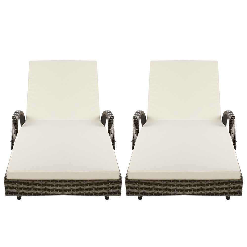 Gardeon 2PC Sun Lounge Wicker Lounger Outdoor Furniture Beach Chair Adjustable Cushion Grey&Beige