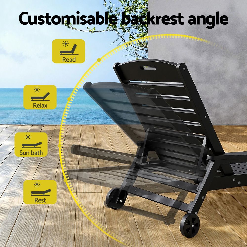 Gardeon Sun Lounge Lounger Beach Chair HDPE Patio Outdoor Furniture with Wheels Black