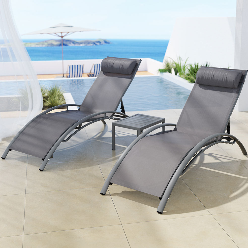 Gardeon 3PC Sun Lounge Outdoor Lounger Steel Table Chairs Patio Furniture Grey